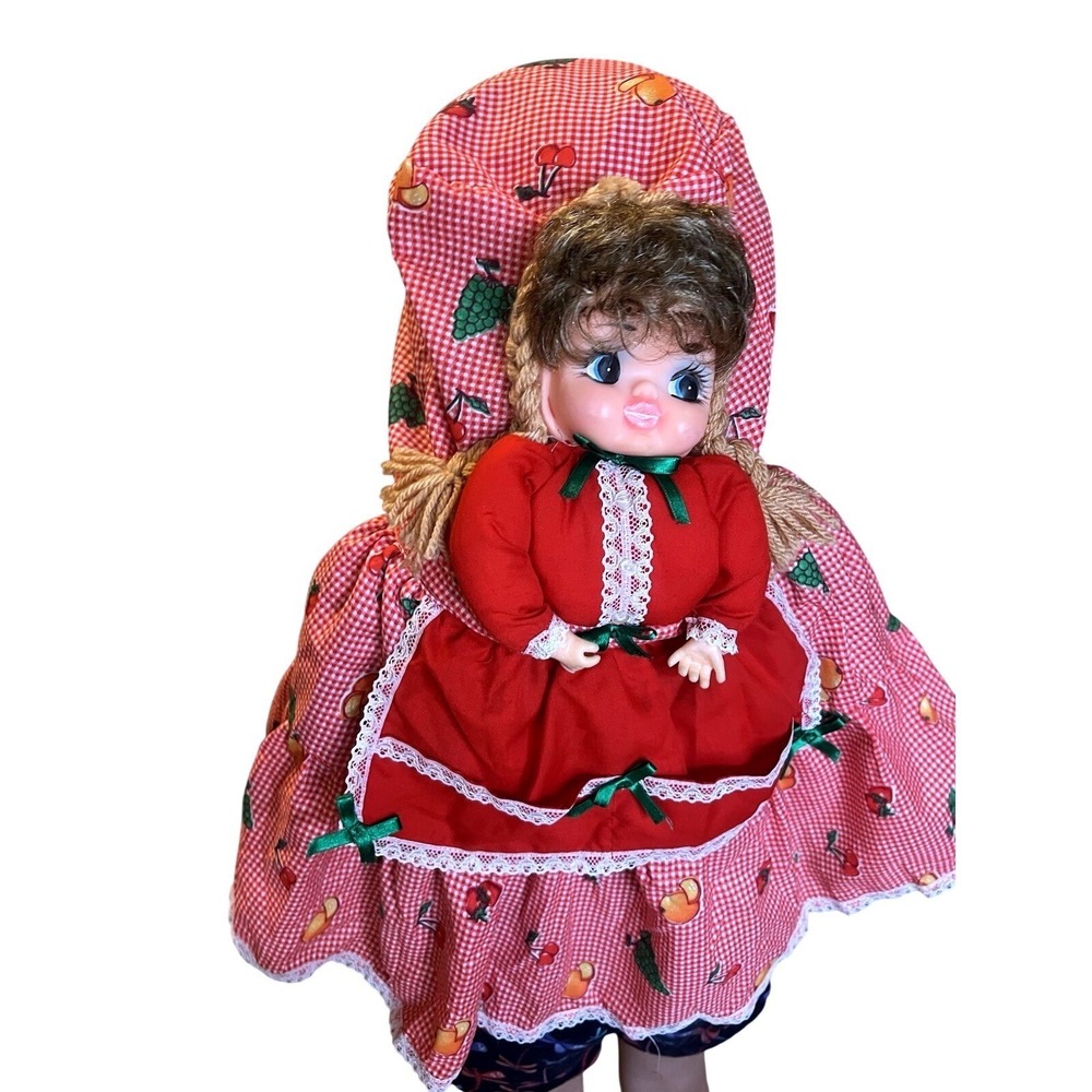 Vintage Handmade Doll Apron Red Gingham Fruit Print Child's Decorative Apron